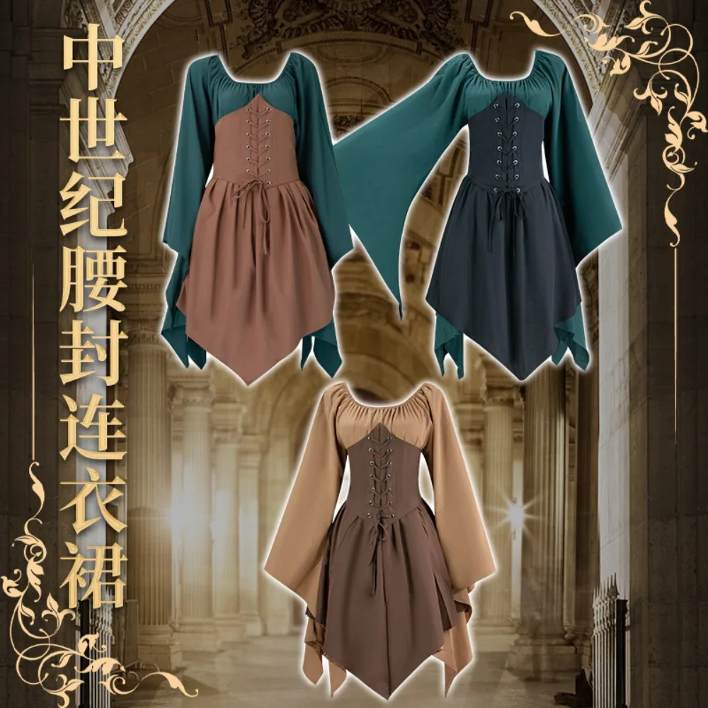 

Three Color Medieval Cosplay Dress Boned Corset Waistband Vintage European Style Women Halloween Comic Con Role Play Outfit