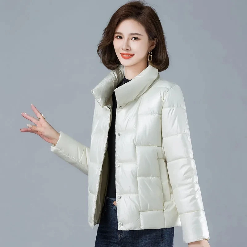 Red Stand collar Down Cotton Jacket Women\'s Short Coat 2024 Winter New Slim cotton Jackets Solid Female casual Outerwear Tops