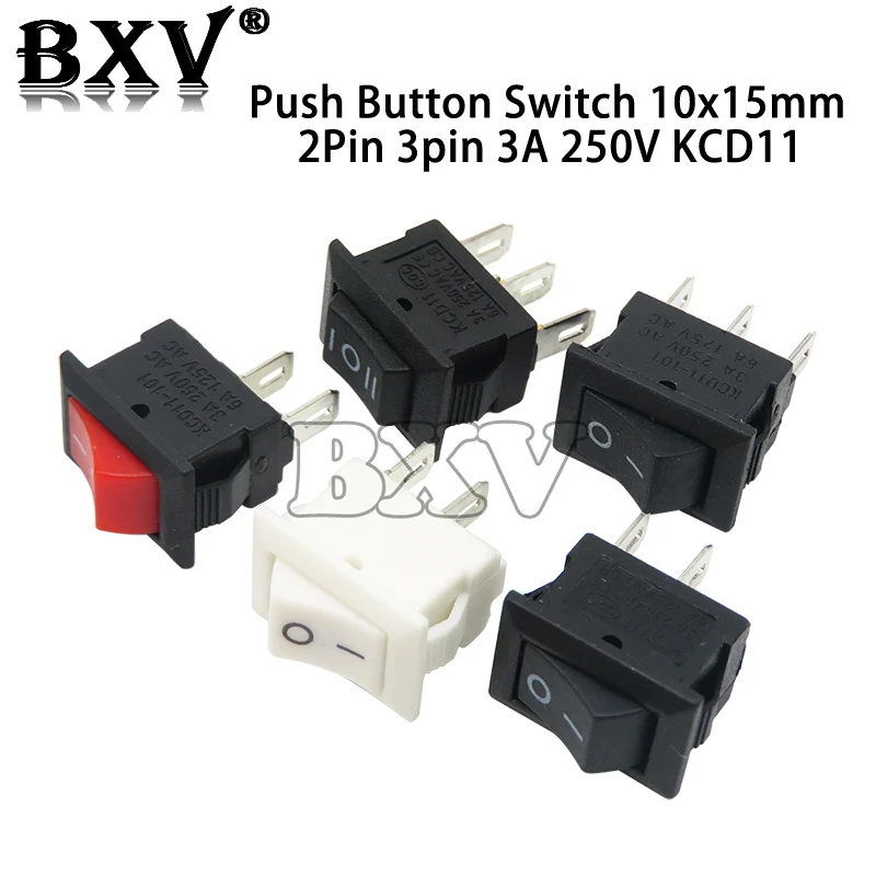 10PCS/LOT Push Button Switch 10x15mm 2Pin 3pin 3A 250V KCD11 Snap-in On Off Boat Rocker Switch 10MM*15MM Black Red White SPST