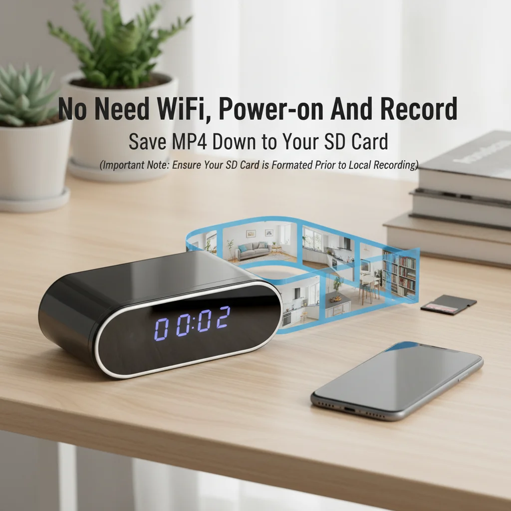 2-in-1 Clock Camera with 32GB SD Card, 1080P FHD WiFi Camera, AP Hotspot, Mobile Remote Viewing, Local Recording, 2600mAh