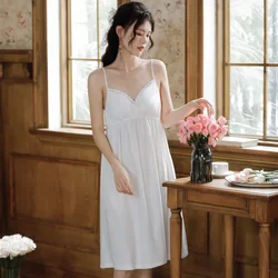 Romantic Vintage Nightgowns Fairy Cotton Mini Night Dress Princess Sleepwear Women Summer White Blue Sleeveless Lace Sexy Nighty