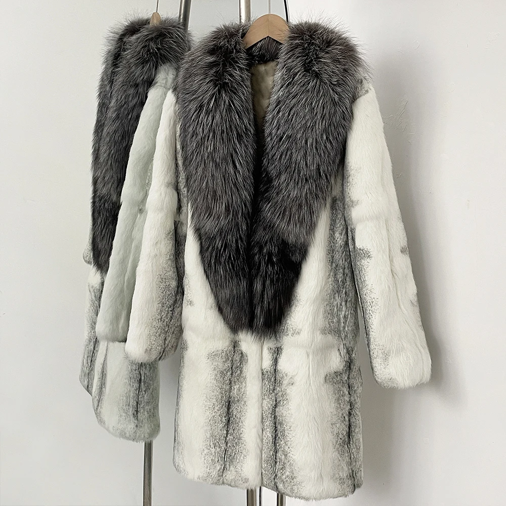 Chaqueta de piel de realidad para mujer, cuello de piel de zorro auténtica, abrigo de piel de conejo Natural grueso y cálido de lujo de longitud media para otoño e invierno