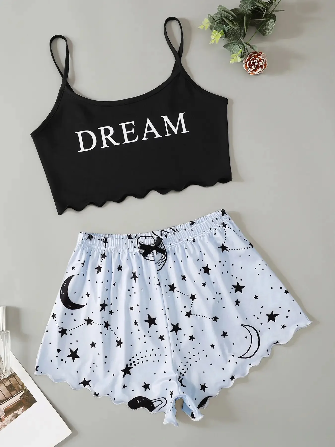 Letter Print Pajama Set Sleeveless Trim Pyjamas Sleep Shorts Set Suit Sleepwear Women Sexy Nightie