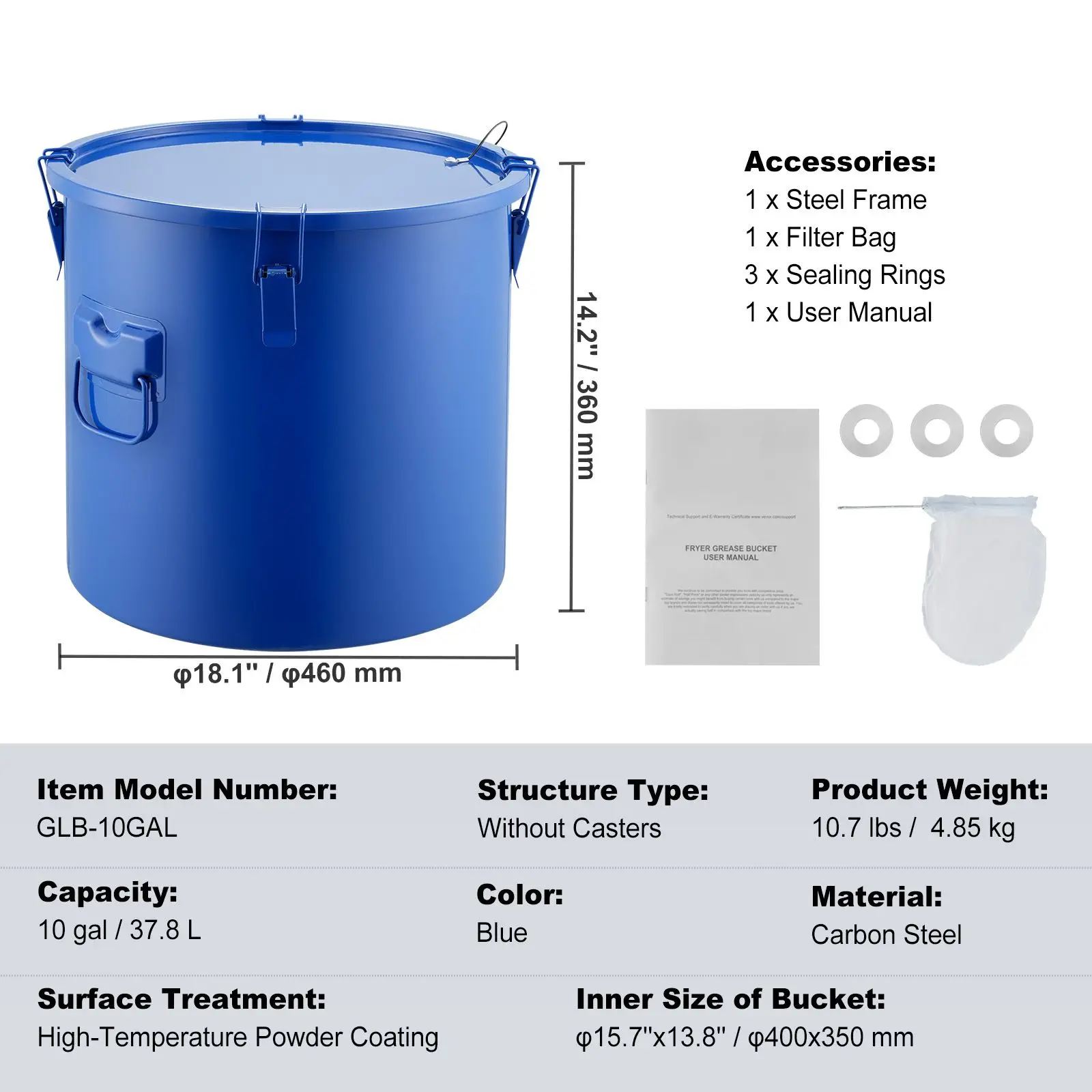 Fryer Grease Bucket, 10 Gal Oil Disposal Caddy Carbon Steel Fryer Oil Bucket with Rust-Proof Coating, Oil Transport Container with Lid, Lock Clips, Filter Bag for Hot Cooking Oil Filtering, Blue