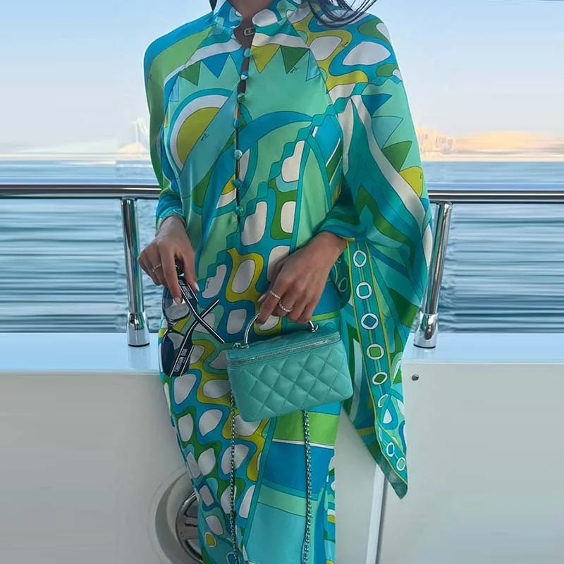 Moda botão gola bohe vestido outono feminino férias vestido irregular elegante senhora solta alargamento manga longa vestido de praia