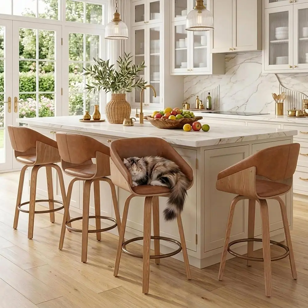 

Set of 4 Brown Leatherette Swivel Bar Stools with Back, Counter Height for Kitchen Island