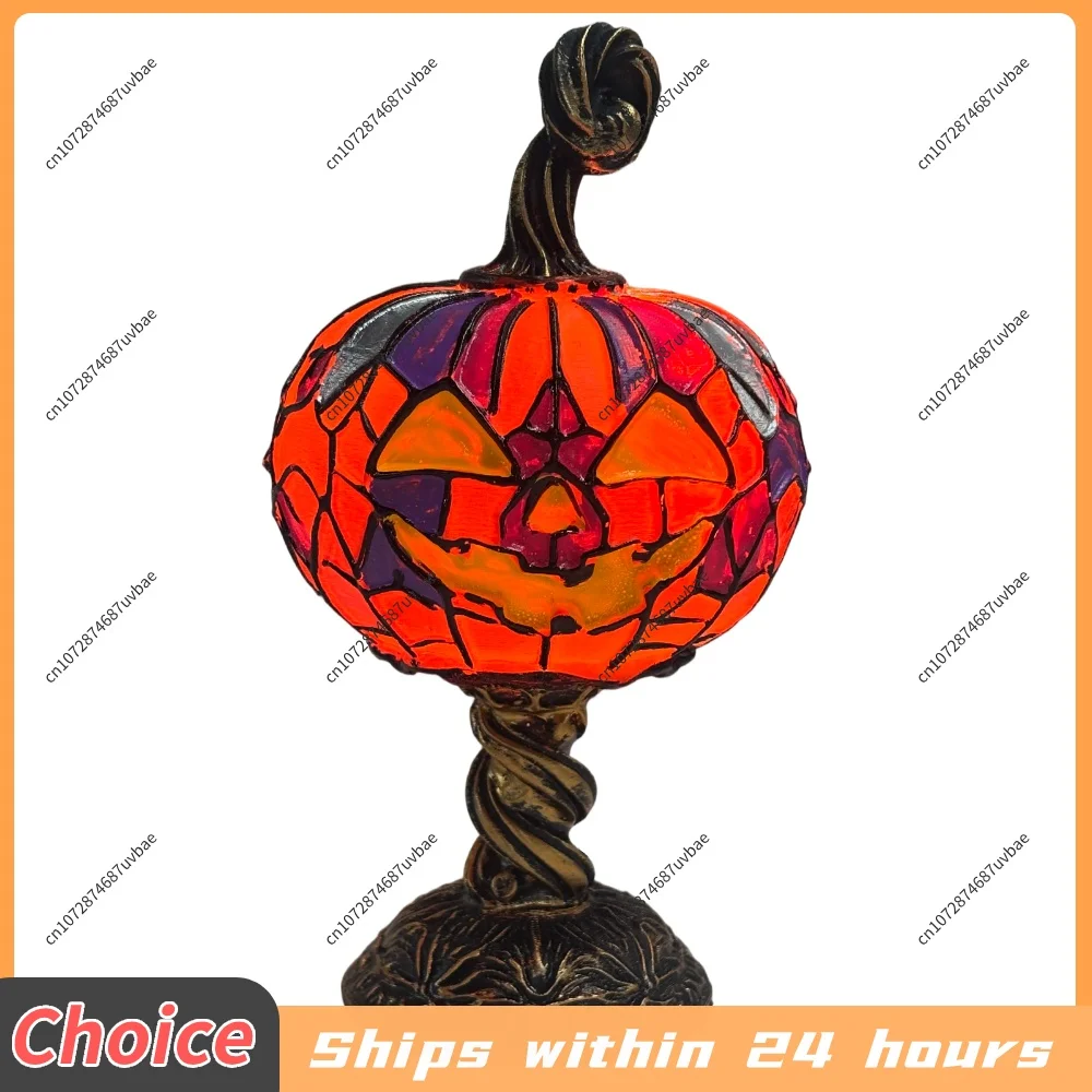 Halloween Night Light Multi-Purpose LED Desk Lamp Ornament Fade Resist Stained Glass Halloween Pumpkin Table Lamp for Home Decor