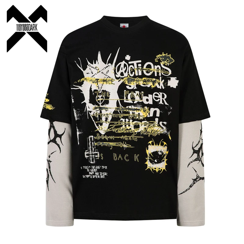 

Hip Hop Long Sleeve T-Shirt Y2K Letter Graffiti Printed Fake two Pieces T Shirts Streetwear Men Harajuku Punk Gothic Top