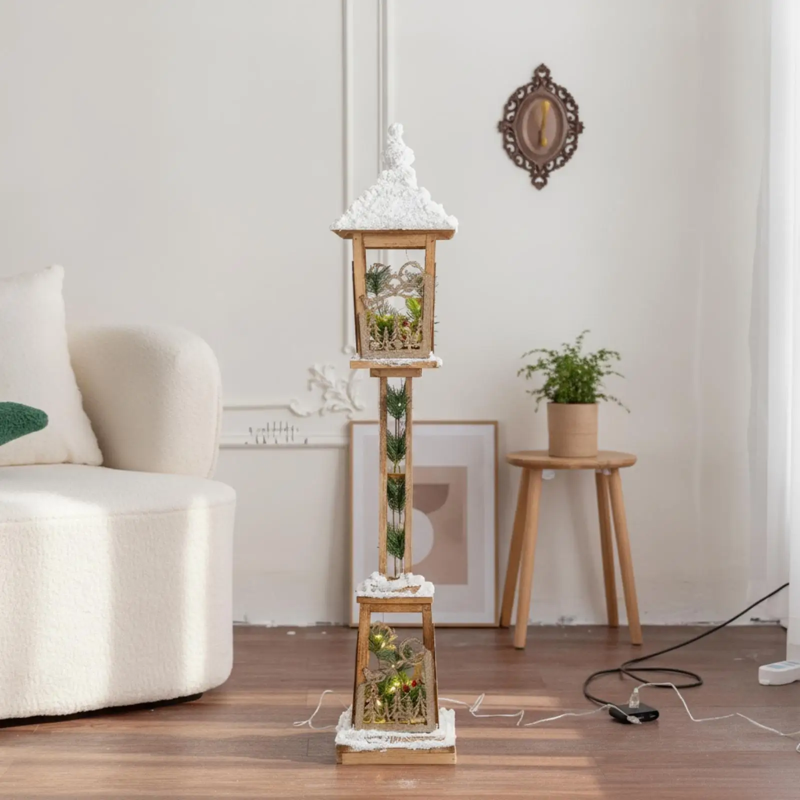 Wooden Lantern with LED Lights Vintage-Style Christmas Lantern Holiday Floor Lamp Rustic Freestanding for Indoor, Shop Displays