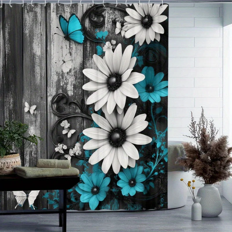 Flower Pattern Shower Curtain 12 Hooks Suitable for Room Home Hotel Machine Washable Window Curtains Bathroom One Piece