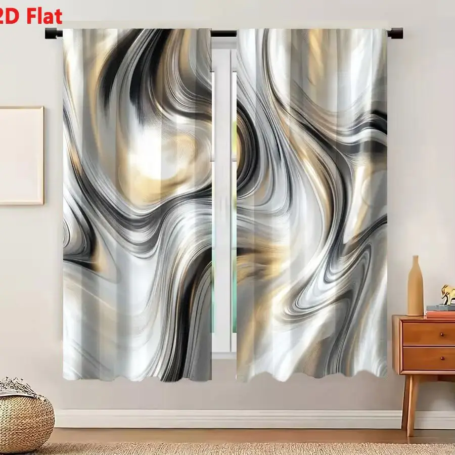 2Pcs Curtains 2D Flat Abstract Digital Artwork Flowing Wavy Patterns Silver Gold Black Liquid Metal Chrome Smooth Swirling Curve