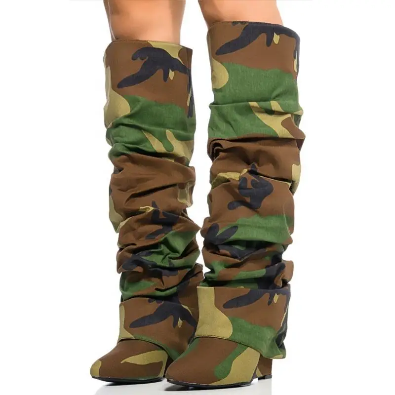 

Camouflage Army Green Color Knee High Boots Women Patchwork Stiletto Fashion Pleated Wedge Heels Long Thigh high boots Shoes