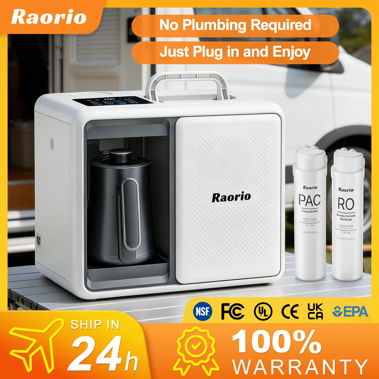 

Raorio RV/Van/Truck Portable Water Purifier Horizontal New Design Water Dispenser With Water Tank&304 Stainless Boiling Kettle