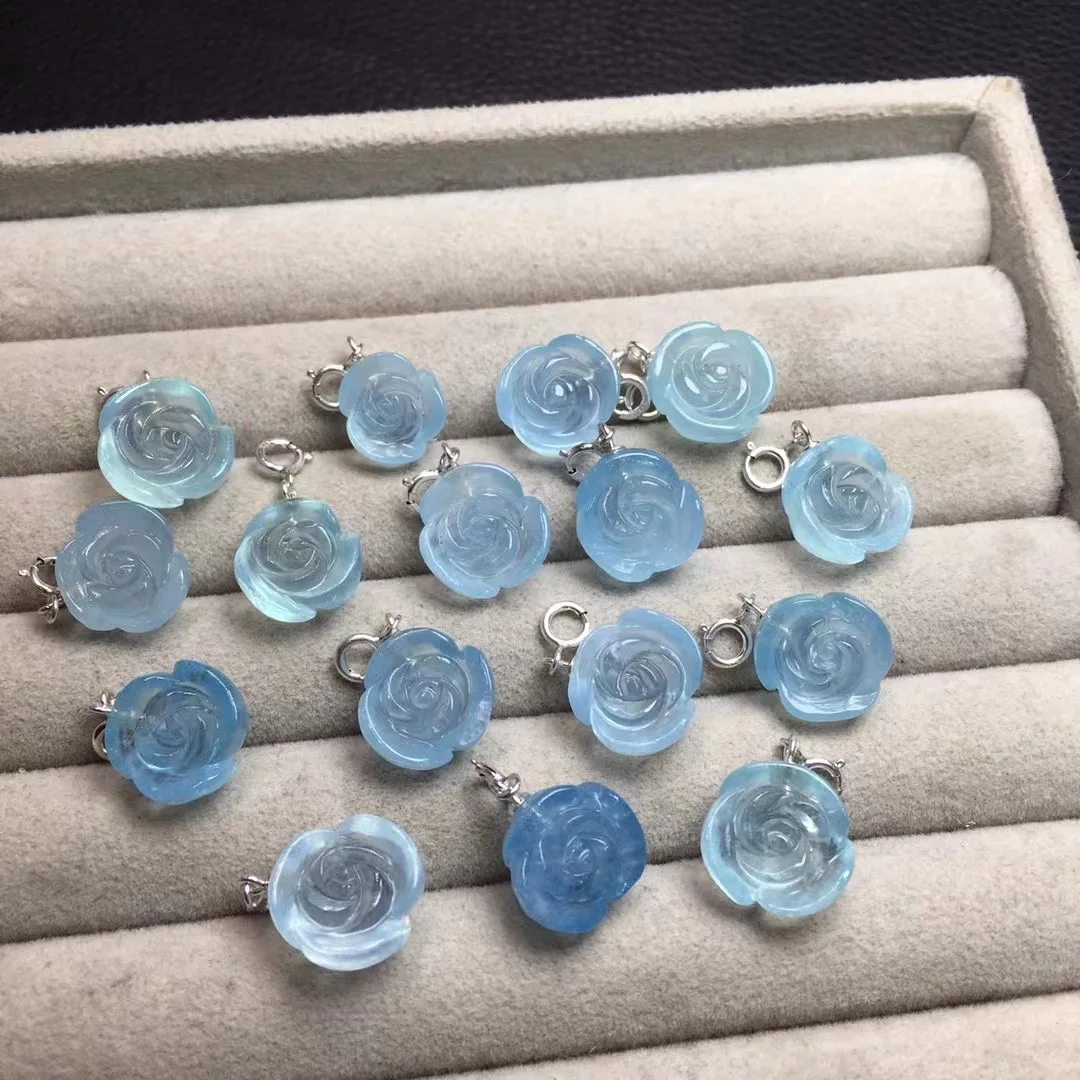 1 Pc Fengbaowu Natural Stone Aquamarine Rose Flower DIY Earring Pendant 925 Sterling Silver Crystal Women Jewelry Gift