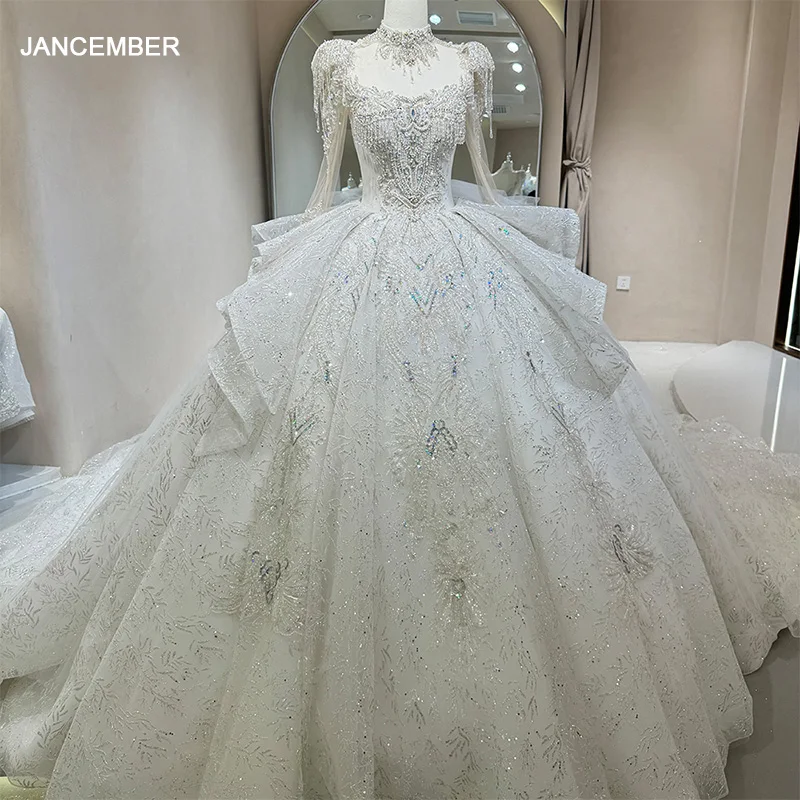 Long Sleeves Customized High-Neck Gorgeous Sequineds Sparkly Crystals Wedding Dress Formal Bridal Gowns فساتين حفلات