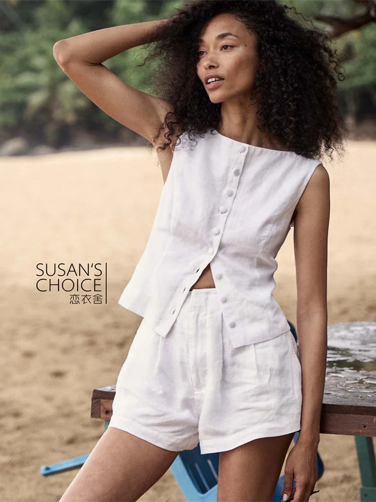 Susan High Waist Linen orts Women's Casual Straight Leg Pants Summer 2025 Commute Sle Simple Ele Slimming White