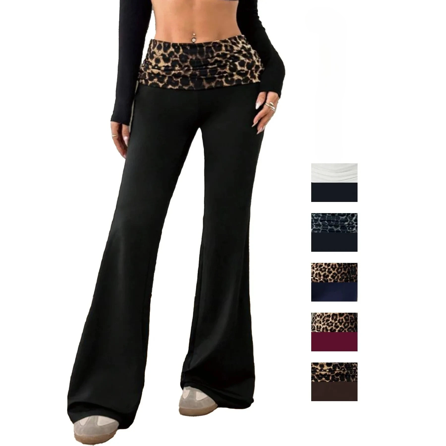 Spring Autumn New Women Cross-border Sexy Leopard Print Patchwork High Waist Elastic Slim Fit Butt Lifting Flare Pants