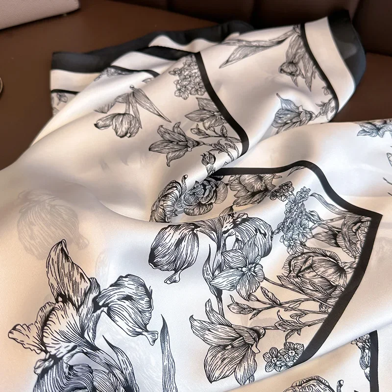 2024 جديد الأزهار الحرير وشاح مربع المرأة شال من الساتان التفاف الحجاب رباط شعر الإناث المعصم الفاخرة الرأس 70*70 سنتيمتر Echarpe