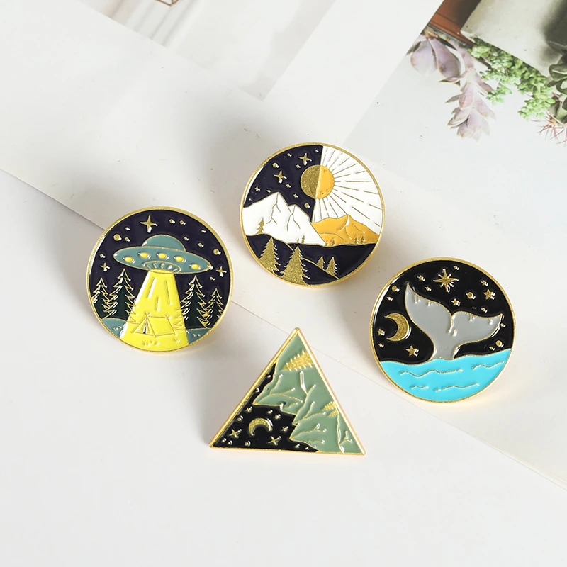 Outdoors Travel Mountain Enamel Pins Custom Ufo Ocean Shark Metal Alloy Brooches Lapel Badges Jewelry Gift for Friends Wholesale
