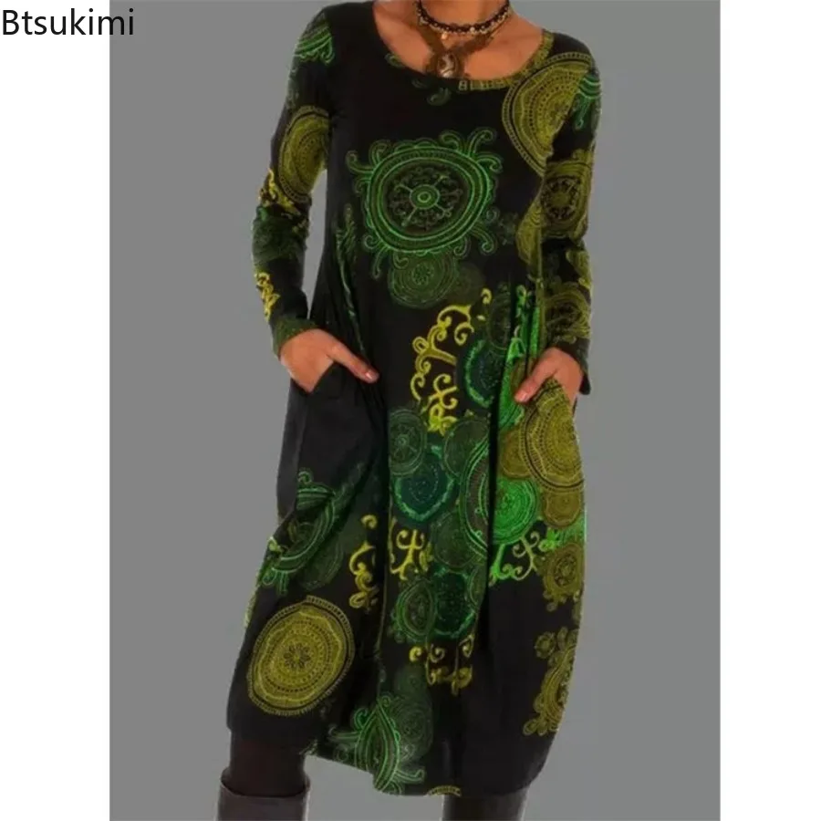 فستان نسائي فضفاض عتيق موديل 2025 مكشكش لربيع وخريف جديد مطبوع بأكمام طويلة فستان بوهو غير رسمي للحفلات