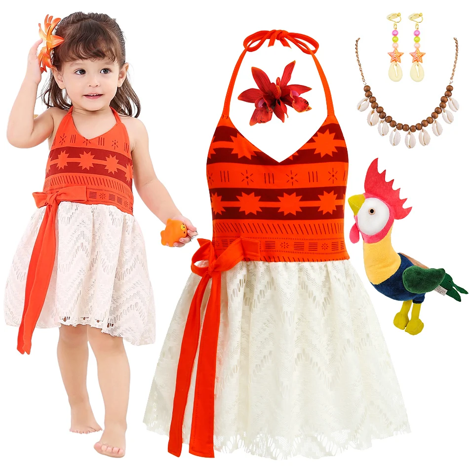 Baby Girl Moana Cosplay Dress Halloween Princess Party Costume Child Girl Sleeveless Lace Print Frock Kids Vaiana Cute Dress