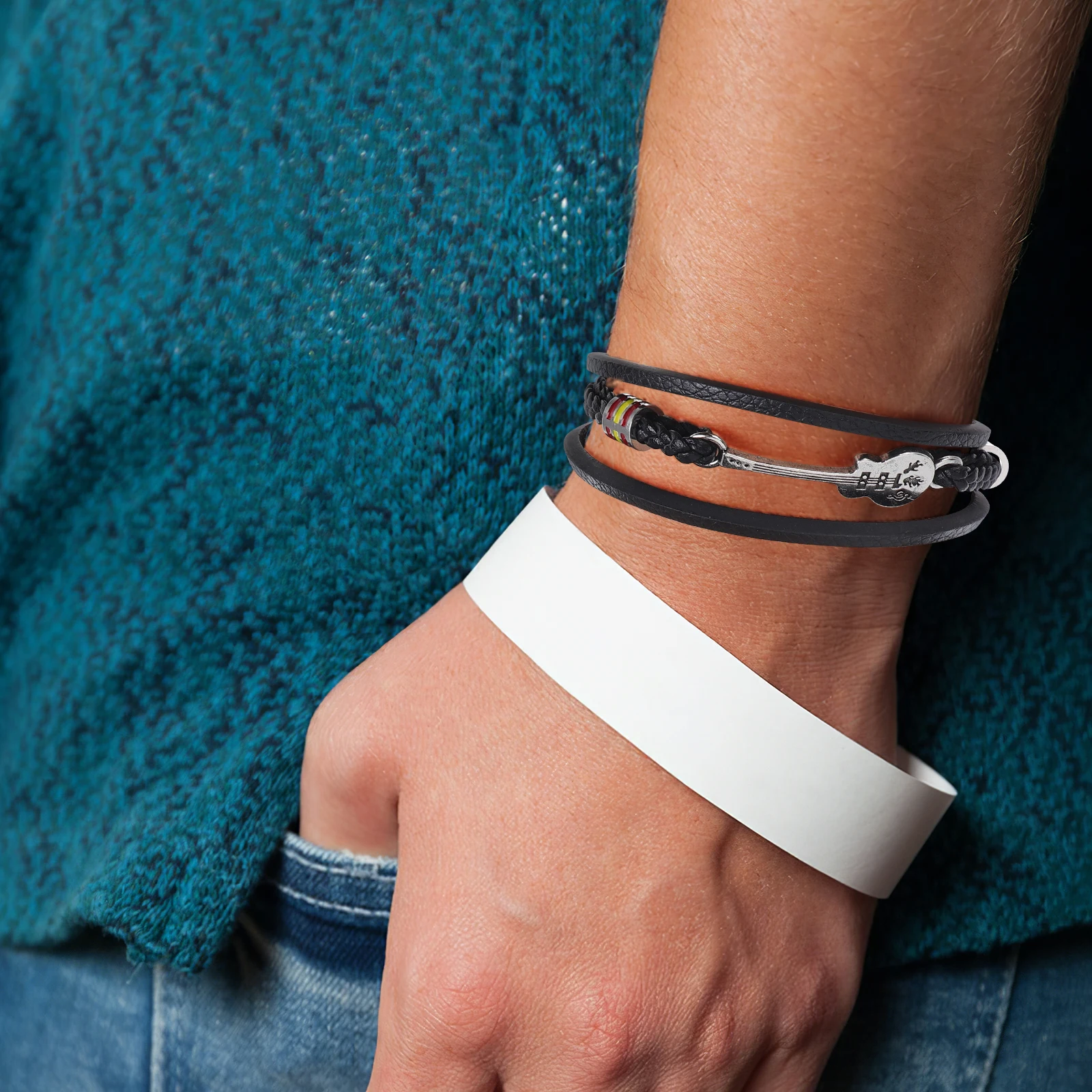 

1Pcs Fashion Punk PU Knitted Bracelet Cuff Bangle Black Multi-Layer Men Boys Guitar Design Attractive Wear