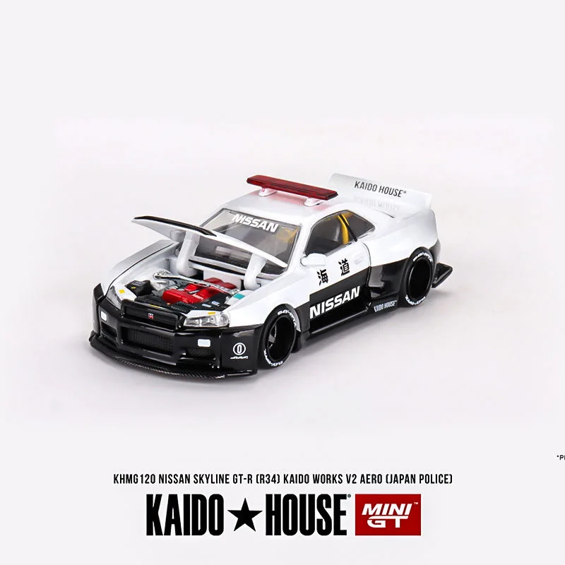 KAIDO HOUSExMINIGT 1/64 닛산 스카이라인 GT-R (R34) Kaido WORKS V2 에어로 경찰 합금 장난감, 자동차 다이캐스트 금속 모델 선물