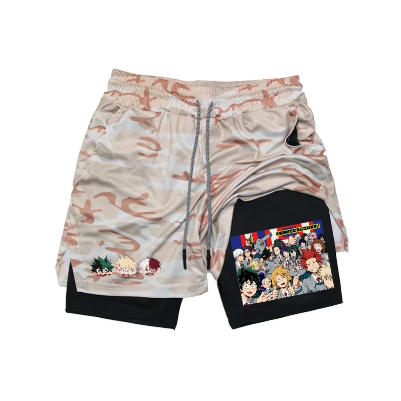 

Men's Double-deck Short Gothic Katsuki Bakugo Print Summer Quick Drying Sports Fitness 2In1 Joggers Beach Running Shorts