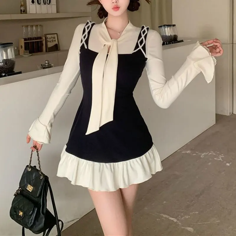 Female Clothing Gentle Mini Dress Fake Two Pieces Spring Autumn Contrasting Colors Aura Scarf Collar Stylish Drawstring Dresses - Image 5
