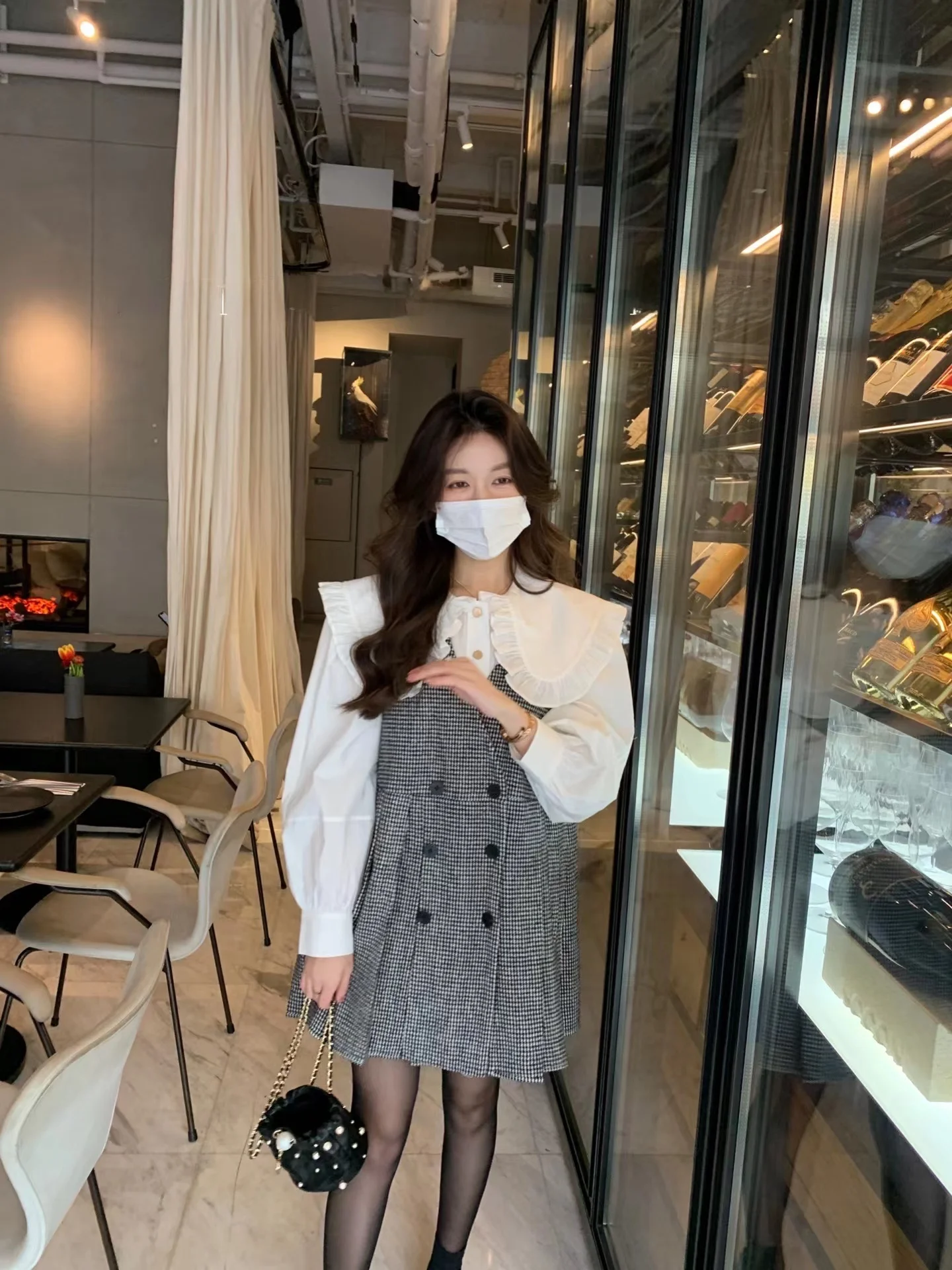 

MMENGJA ternoon Tea Cheered Thin Wool Pleated Skirt High Waist V-ne Double-breasted Button A-line Dr for Young Women