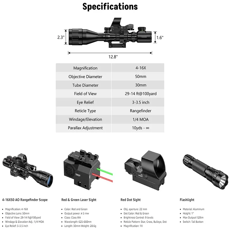 

MidTen 4-16x50 AO Scope 5-in-1 Combo with Dual Illuminated Optics Scope & 4 Reticle Holographic Sight & Flashlight & Mount