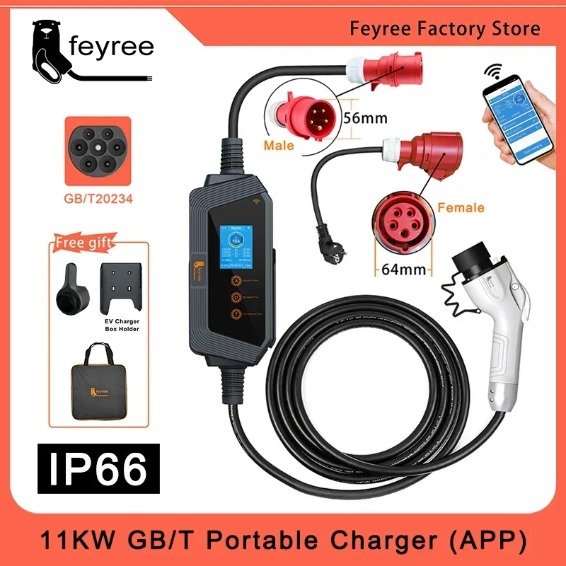 

feyree GBT Cord EV Portable Charger APP WIFI Control 11KW 16A 3Phase EVSE Charging Box 5m Cable CEE Plugfor Electric Vehicle Car