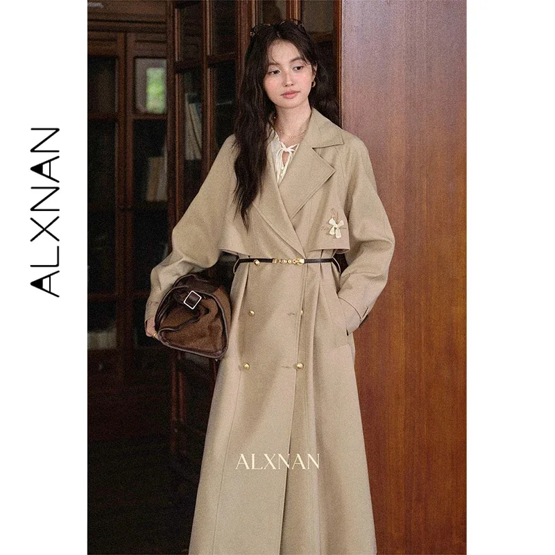 ALXNAN Khaki Mid Length Windbreaker for Women Embroidered Bow Design Long Trench Coat Trend 2026 Fall Casual Thin Coat L57013