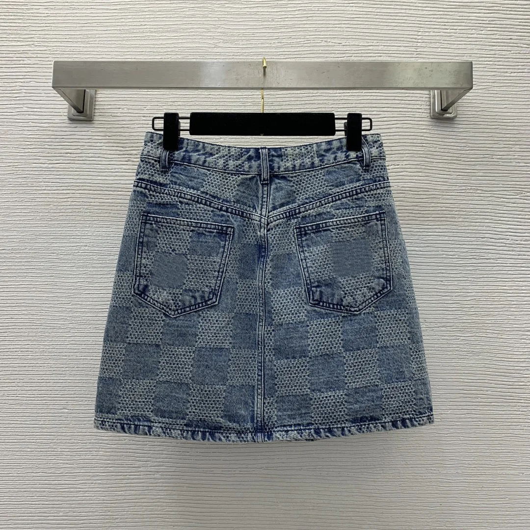 

2024 new high-end custom washed denim cotton checkerboard printed high waisted slimming A-line denim short skirt and half skirt