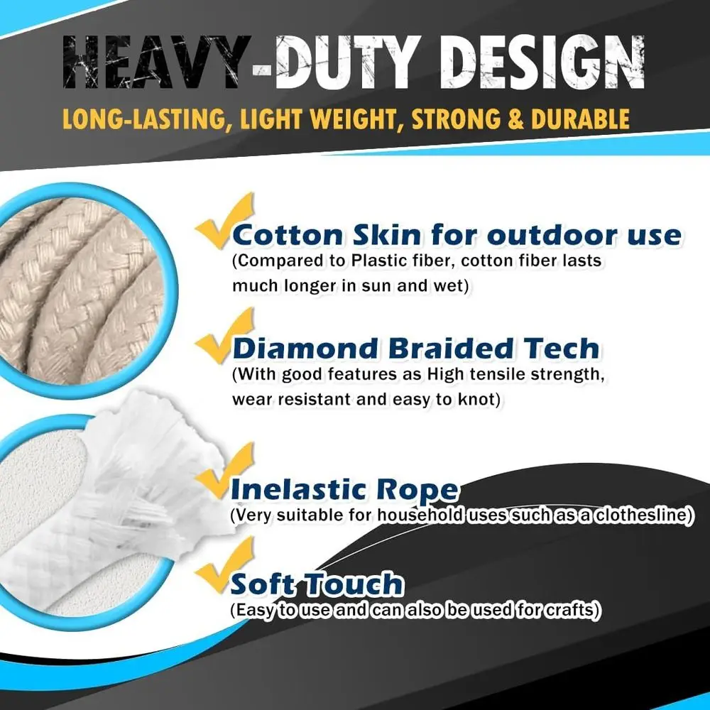 100 ft 3/16 Cotton Diamond Braided Rope - Multi-Purpose Utility Cord for Camping, Crafting, and More