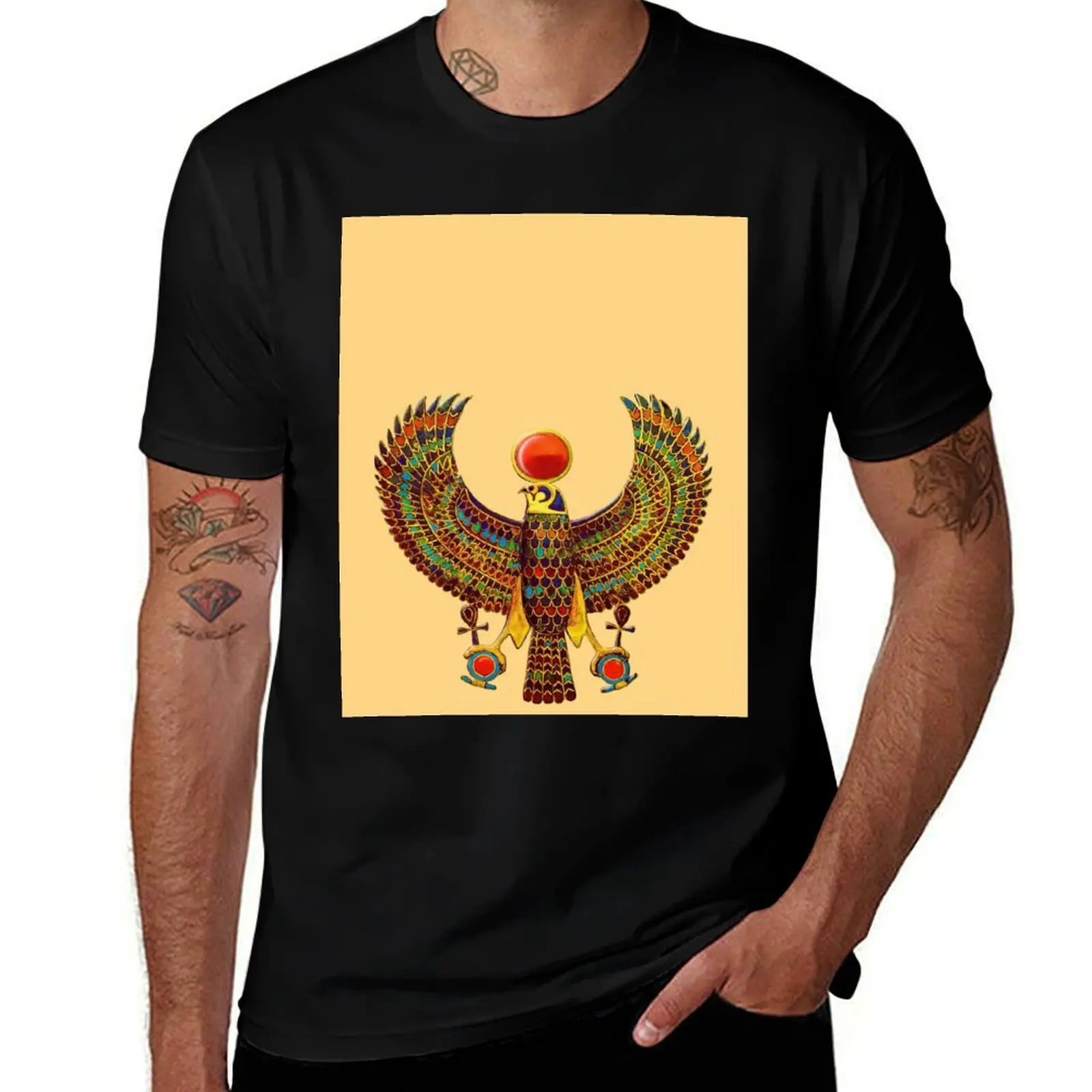 Ra, Who Is Horus Of The Two Horizons, Ancient Egyptian Falcon Sun Divinity. T-Shirt g man t shirts for men T-Shirt