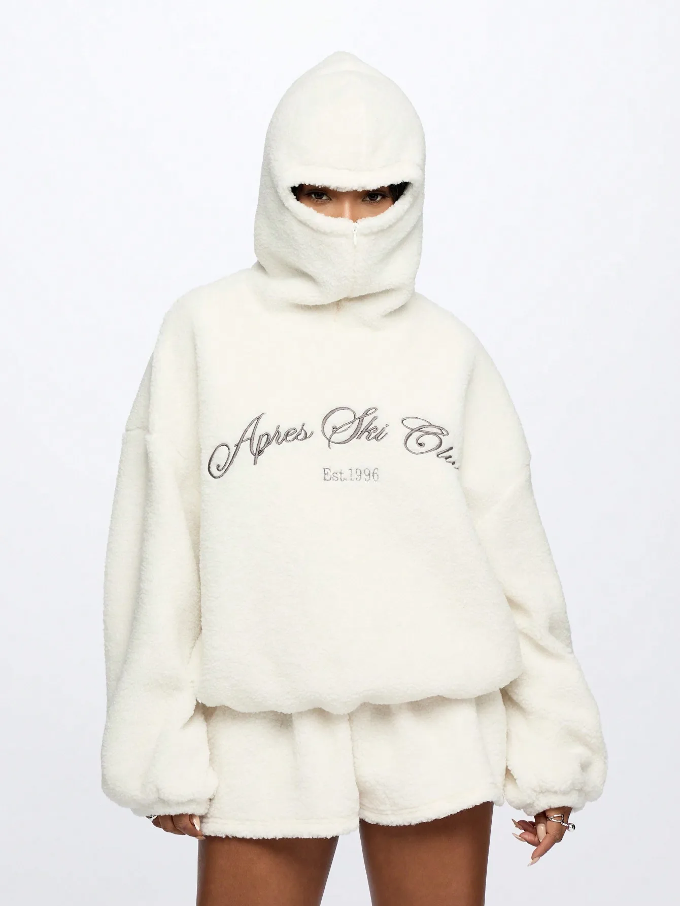 

Women's Oversized Sherpa Fleece Hoodie with Balaclava Hood and Embroidered Script