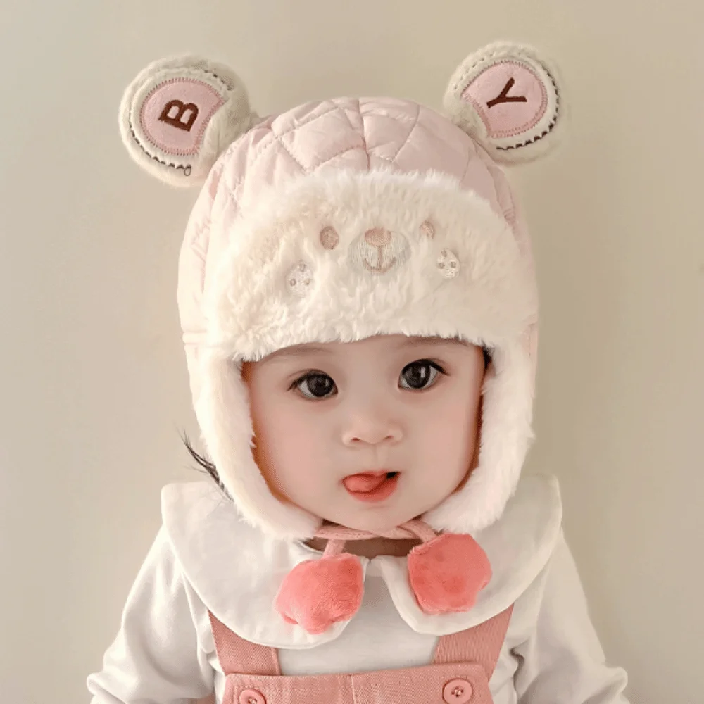 

Cute Windproof Cartoon Bear Baby Hat Adjustable Thicken Earmuffs Toddler Cap Ear Protection Plush Trendy Baby Beanie Cap Outdoor