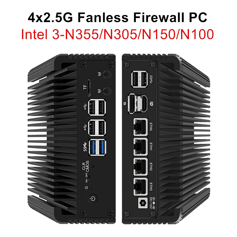 토포튼 팬리스 방화벽 미니 PC 인텔 코어 i3 N305 N100 DDR5 2xM.2 NVMe 4x i226-V 2.5G LAN 8xUSB 산업용 컴퓨터 NAS 서버