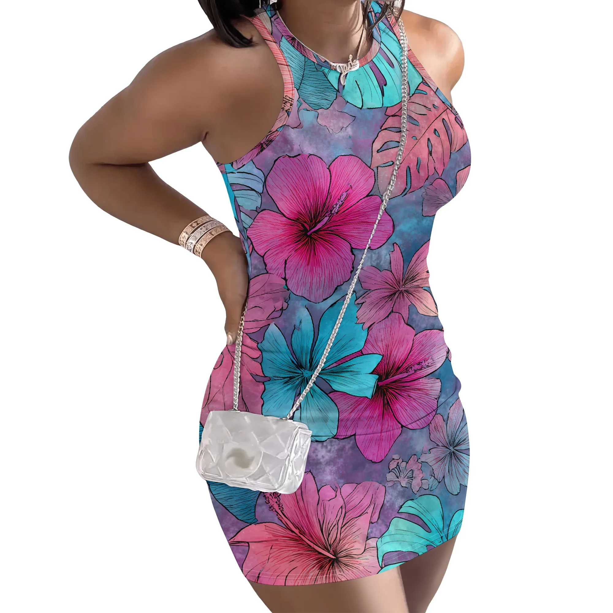 Tropical Floral Print Dress, Pink Hibiscus Pattern, Blue Leaf Design, Summer Beach Mini Dress for Women, S-2XL