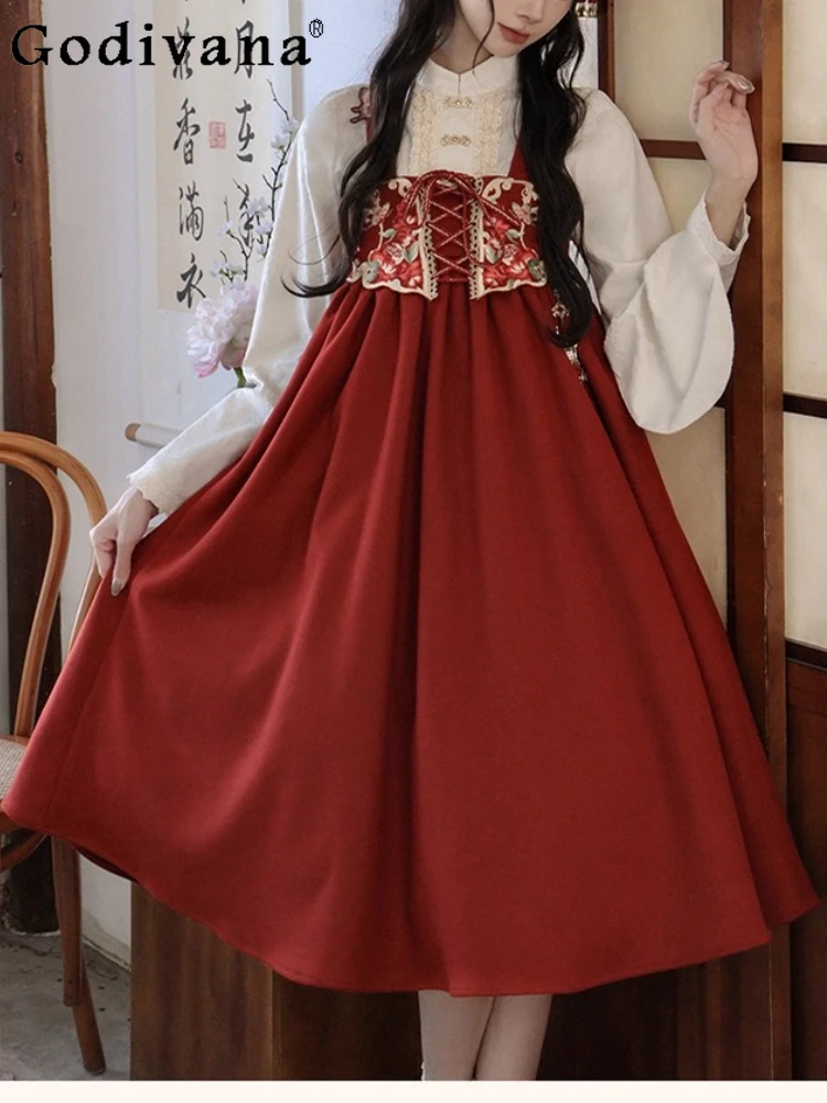 

Lolita High Waist Fashion Chinese Versatile Red Christmas Strap Dress Girl Autumn Winter Stand-up Collar Long Sleeve White Shirt