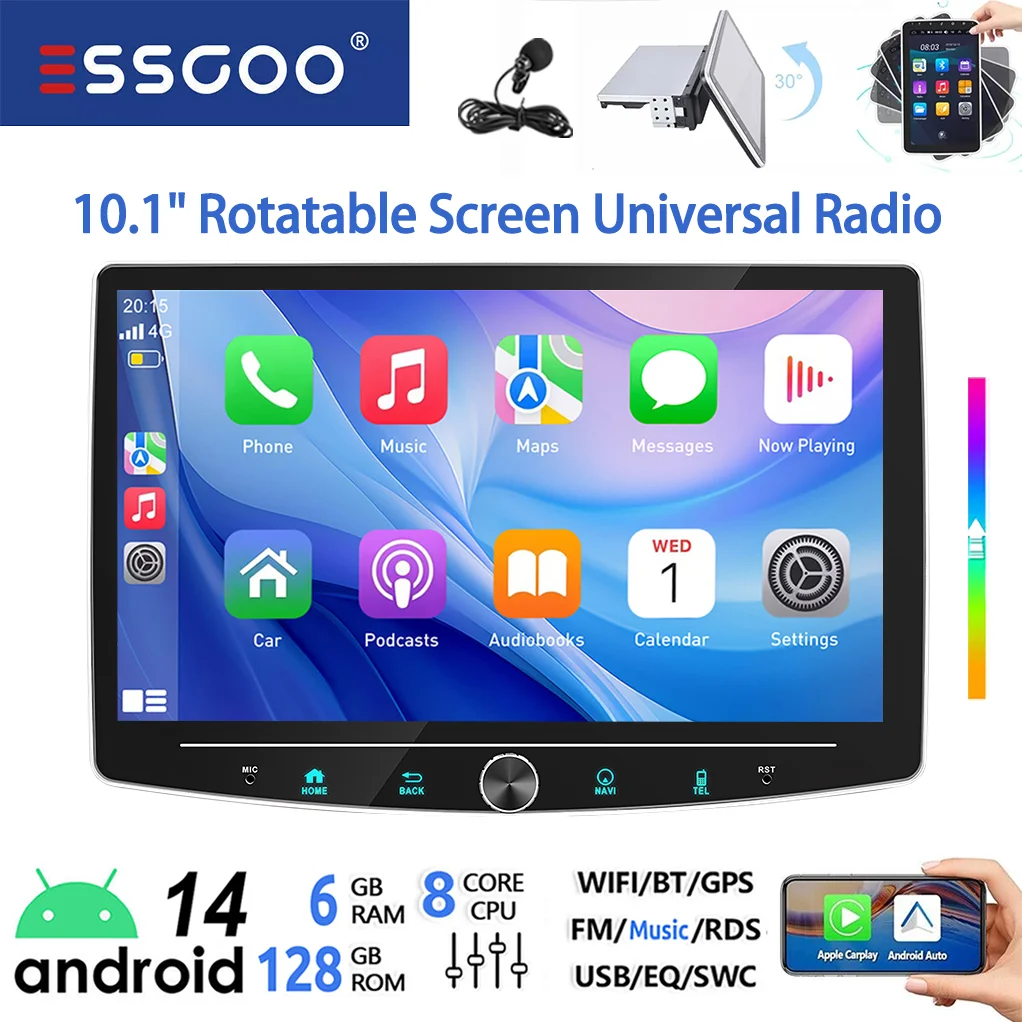 ESSGOO 6+128G 8-core 4G Android 14 Universeel Autoradio Draadloze Carplay Android Auto 1DIN 101" 360° Draaibaar Touchscreen met Microfoon Kleurrijke Knop AM Wifi Bluetooth RDS Multimedia Videospeler