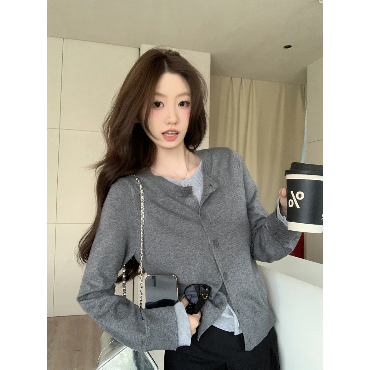 

ZhiJian Youji ey вязаный открытый кардиган свитер женский круглый Ne универсальный шерстяной топ высокого класса с искусственными двухсекционными рукавами