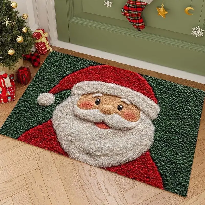 VIKAMA Christmas Welcome Mat Close Up Santa Face Green Xmas Front Indoor Rug Soft Non Slip Happy New Year Home Decor