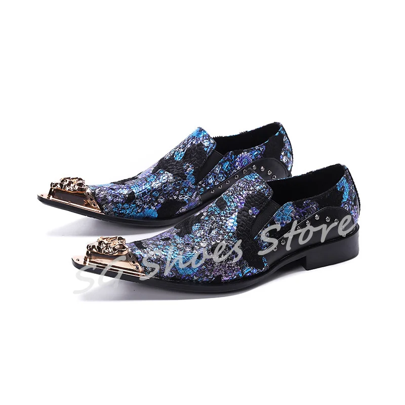 

Mixed Color Prints Splicing Leather Shoes Male Business Dress Shoes British Style Metal Pointed Toe Chunky Heel Loafers for Men