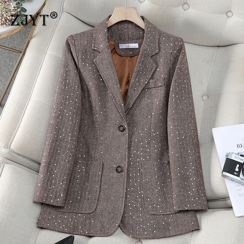

ZJYT Autumn Winter 2025 New Blazers for Woman Jacket Turn Down Collar Sequined Loose Vintage Casual Coats Plus Size Outerwears