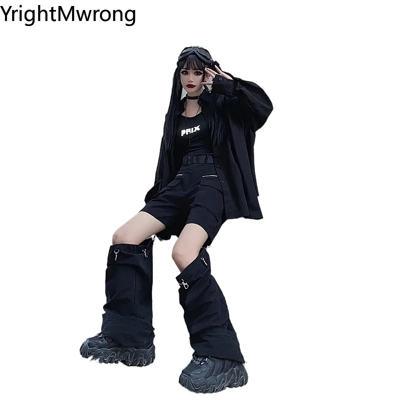 

Techwear Hollow Knee Removable Black Cargo Pant Streetwear Harajuku Women Cloth High Waist Punk Goth Dark y2k hip hop aesthetic