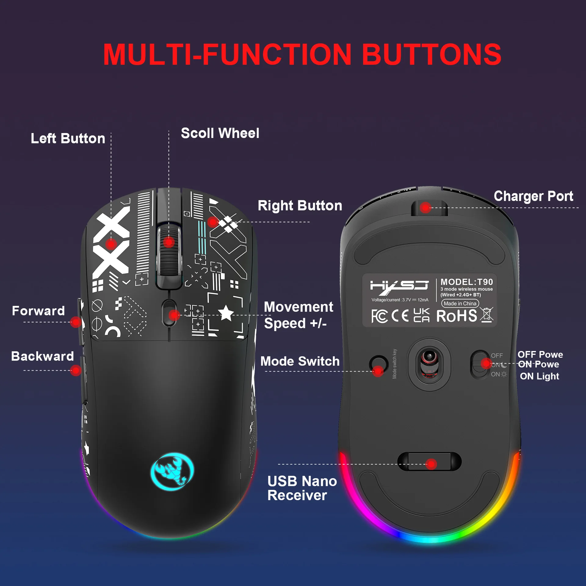 Mouse da gioco Bluetooth a 3 modalità Mouse ricaricabile con retroilluminazione RGB wireless USB 2.4G per computer portatile tablet iPad