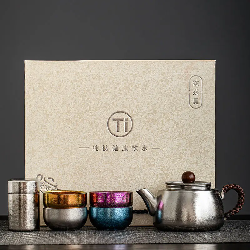 

6 шт., чайный сервиз Gongfu из чистого титана, домашний чайник для заваривания чая, элитная подарочная коробка