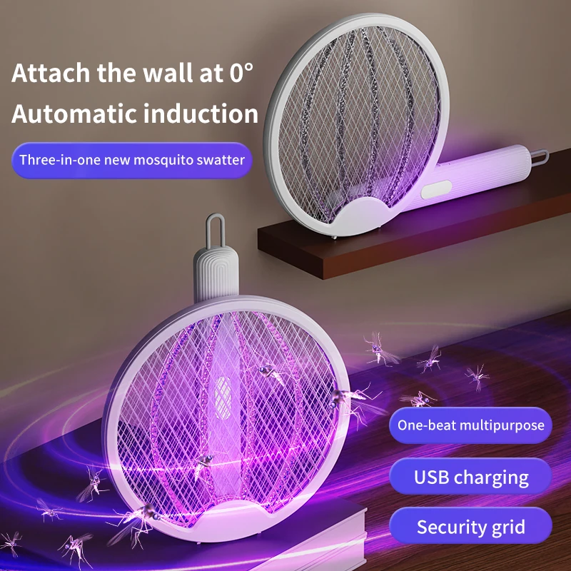 Tree-in-one Electric Mosquito Killer Fly Swatter Trap Foldable Design with Light Wave Mosquito Luring for Home Wall Mounted Use